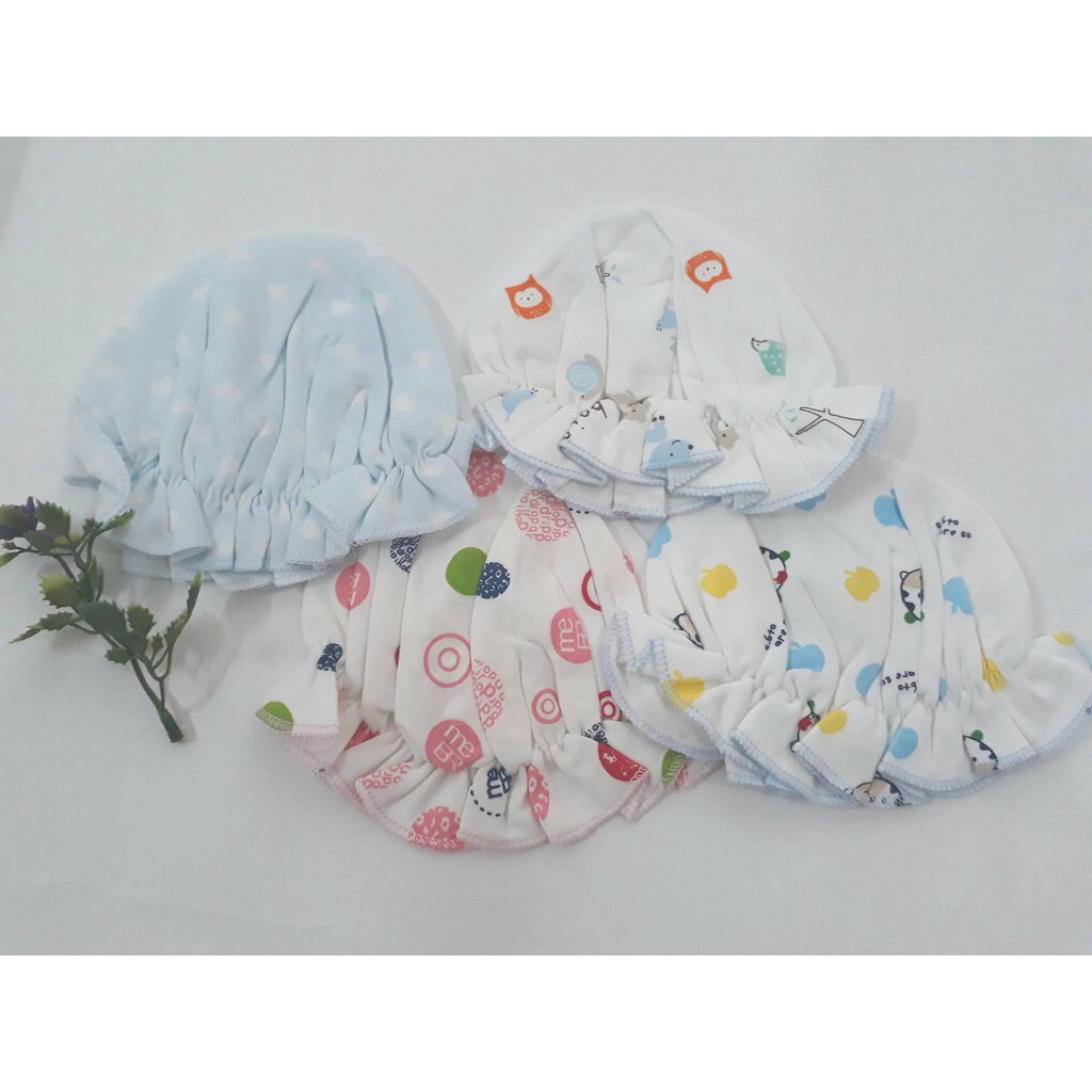 Set 2 nón chun bèo nhí in rơi cho bé gái sơ sinh 0-4 tháng cotton mềm mịn đẹp