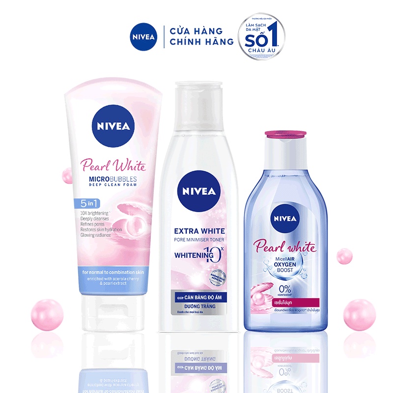 Bộ sản phẩm làm sạch &amp; sáng da NIVEA: Nước tẩy trang 400ml &amp; Sữa rửa mặt Pearl White, Nước hoa hồng 200ML