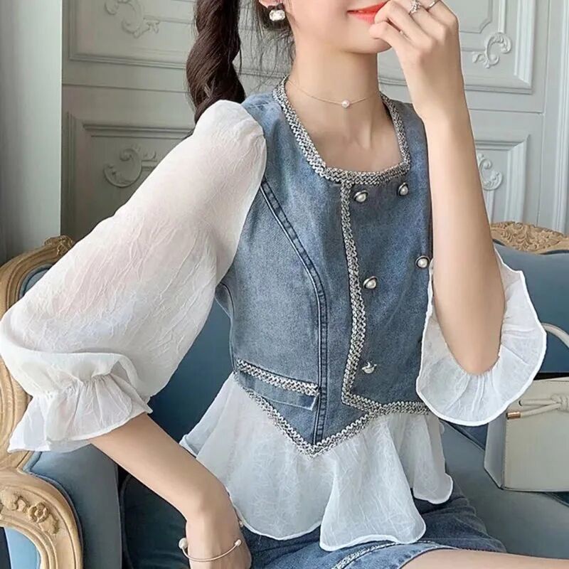 Set Áo Thun Ngắn Tay + Chân Váy Denim Thời Trang Cho Nữ