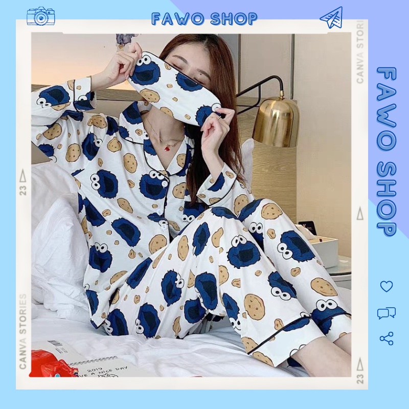 Đồ ngủ pijama dài tay, đồ ngủ nữ mặc nhà họa tiết xinh xắn, dễ thương
