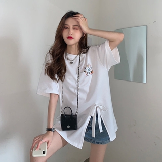 Áo Thun Nữ Tay Lỡ Form Rộng Oversize Áo Phông Xẻ Tà Rút Dây Cá Tính Thời Trang