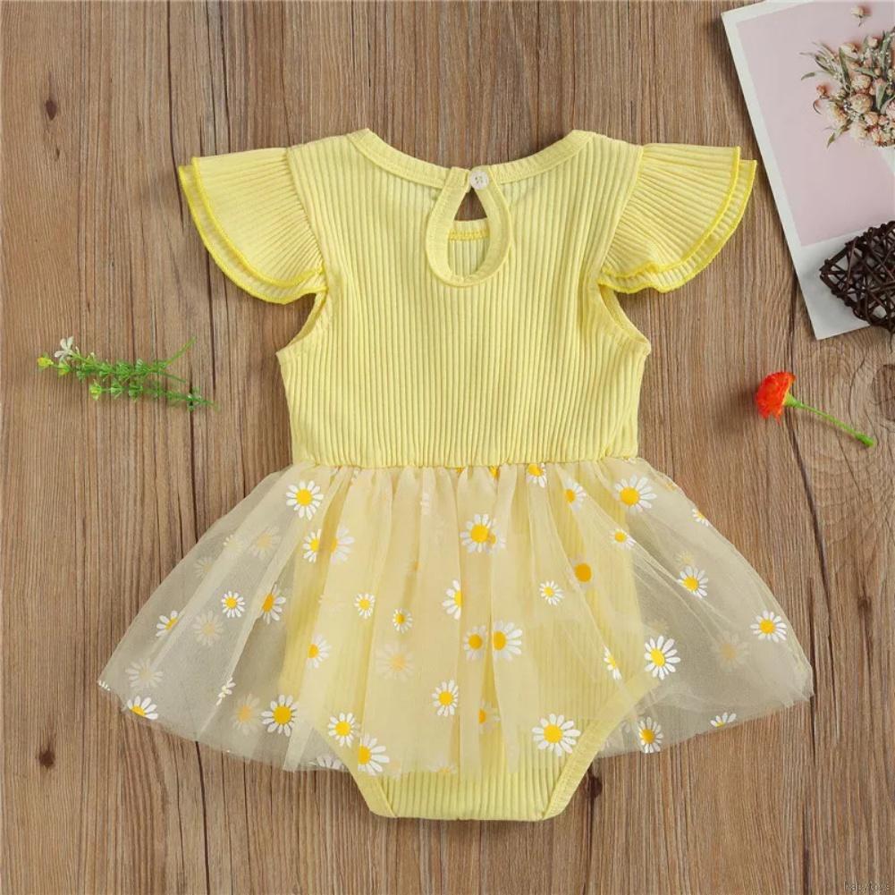 [babytoys] Summer Baby Girl Flying Sleeve Rompers Infant Lace Mesh Daisy Printed Princess Dress Toddler Triangle Bodysuit 0-18M