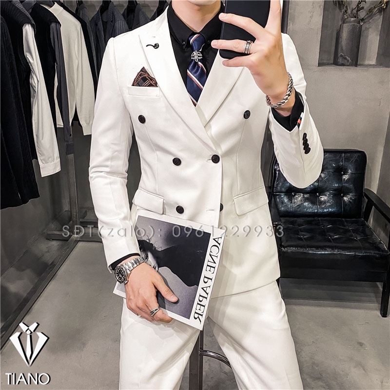 Bộ Vest nam màu Trắng 6 cúc cao cấp, vải cao cấp 79 - 2 lớp.