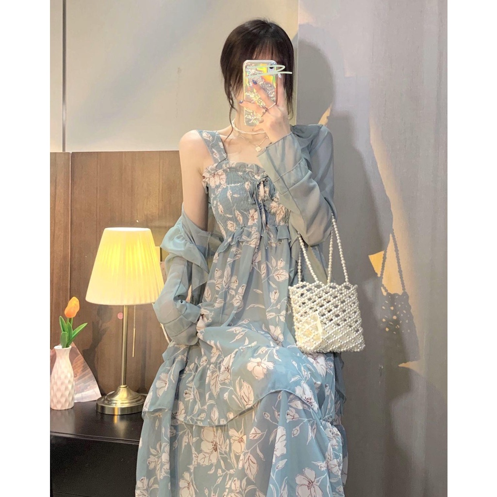 Bộ Áo Khoác Cardigan Đầm Chiffon Dáng Dài Phong Cách Mặc Ngoài Áo Khoác Ngoài Váy Hai Dây Áo Khoác