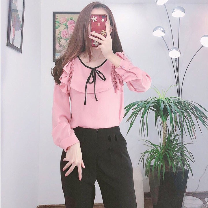 Áo Sơ Mi Nữ kiểu Vai Bèo Phối Nơ Thiết Kế Ngọt Ngào Cho Phái Nữ