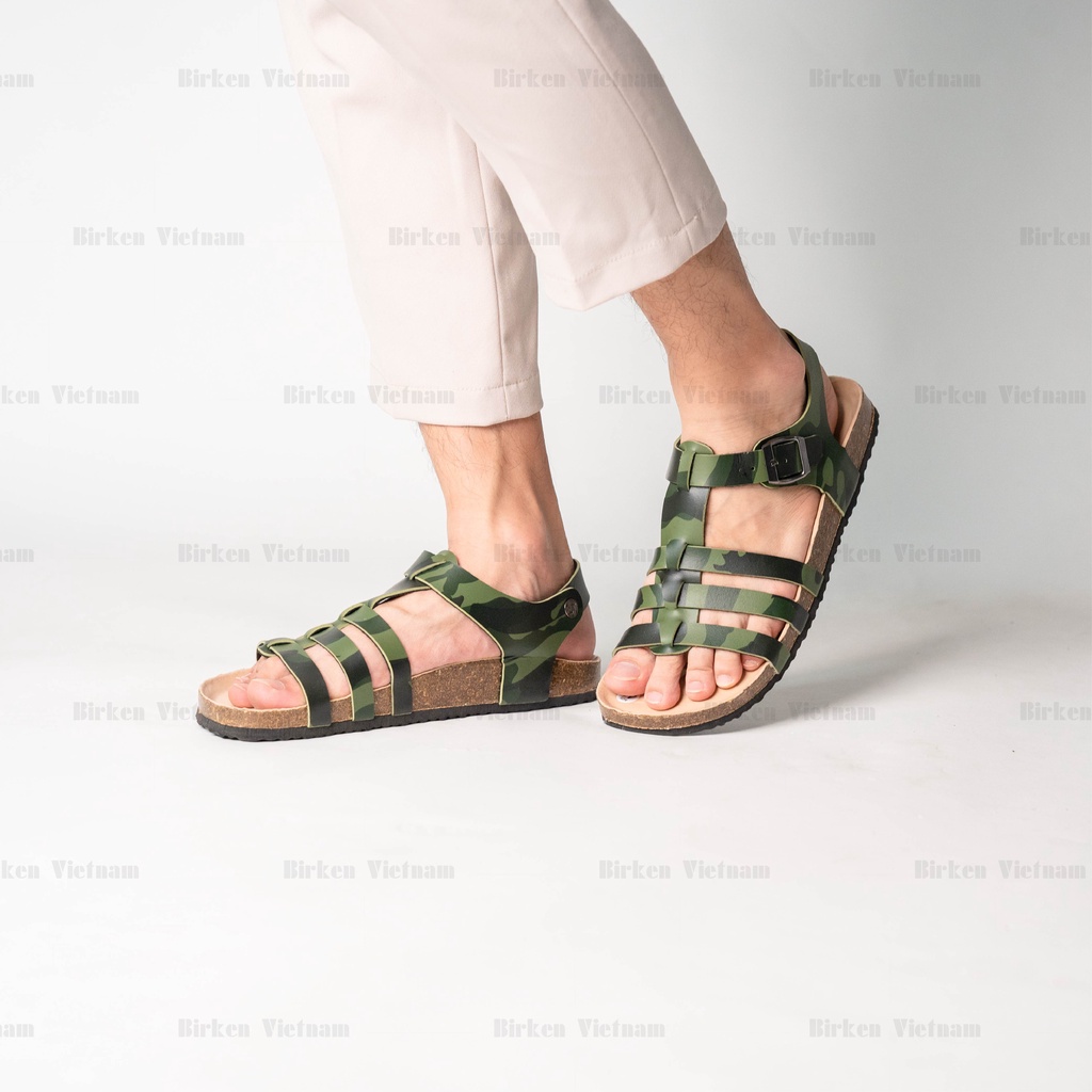 Mã R12 Sandal ĐẾ TRẤU Da PU Camo Rằn Ri Quai Chiến Binh Unisex Birken Vietnam Bioline