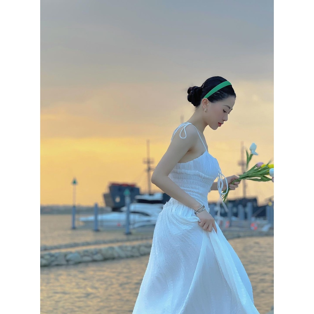 Đầm Maxi dáng xòe Nữ Đi Chơi Thiết Kế 2 Dây Nơ Bên Vai Xinh Xắn