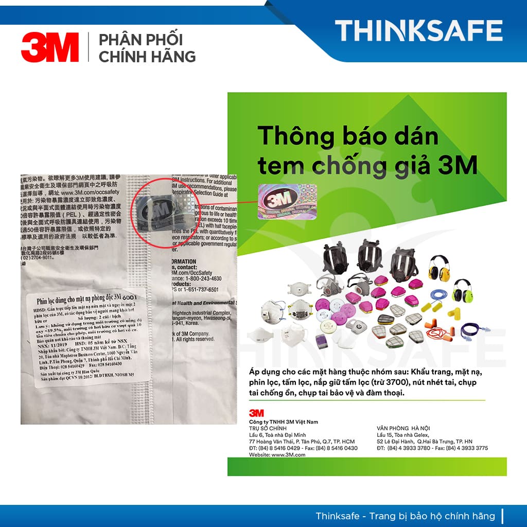 Phin lọc 3M 6001 lọc hơi hữu cơ xăng dầu phun sơn, chống độc, lọc bụi siêu mịn, xịt sơn, vô cơ - THINKSAFE