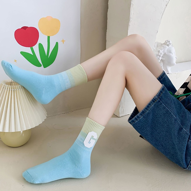 Vớ Cotton Cổ Cao Màu Gradient In Chữ G Thời Trang Đường Phố Cho Nữ