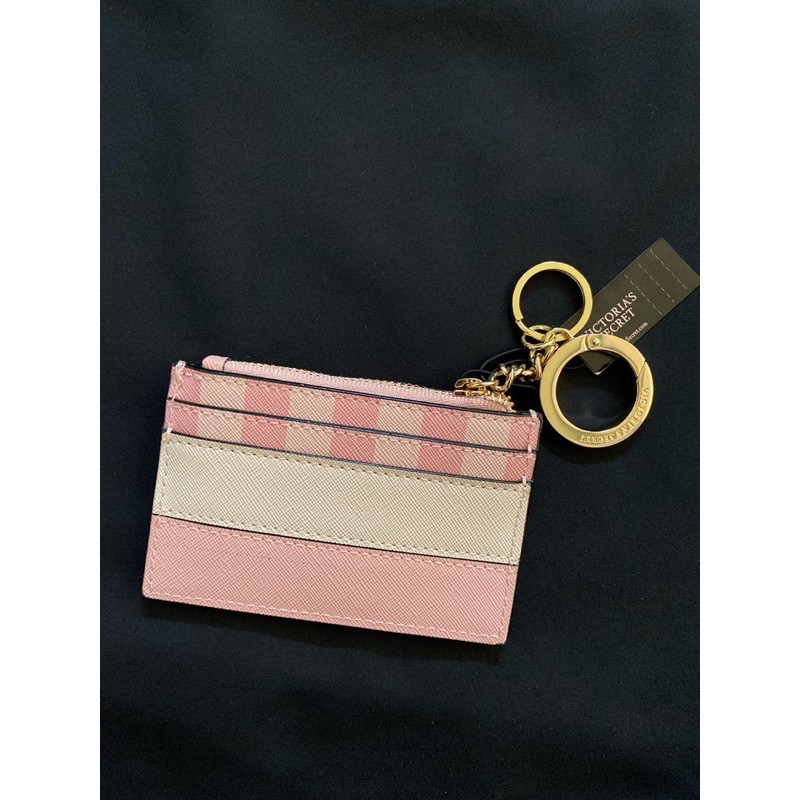 BILL US - Ảnh thật - Ví đựng thẻ và tiền Victoria Secret có móc khóa màu đen, sọc hồng, hồng đậm nhạt