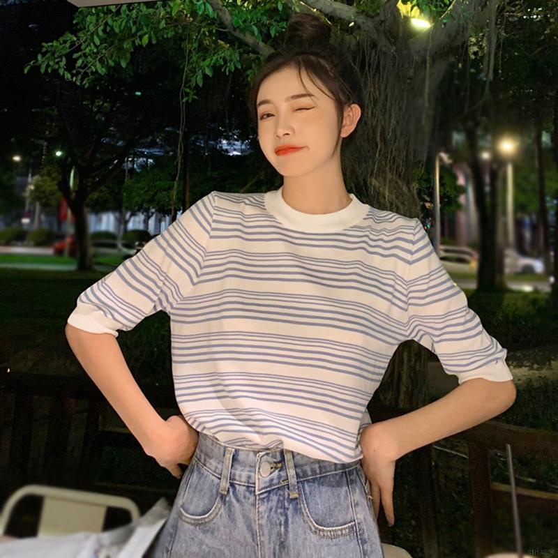 Áo Thun Dệt Kim Tay Ngắn Cổ Tròn Dáng Rộng Họa Tiết Kẻ Sọc Phong Cách Retro Hàn Quốc Cho Nữ
