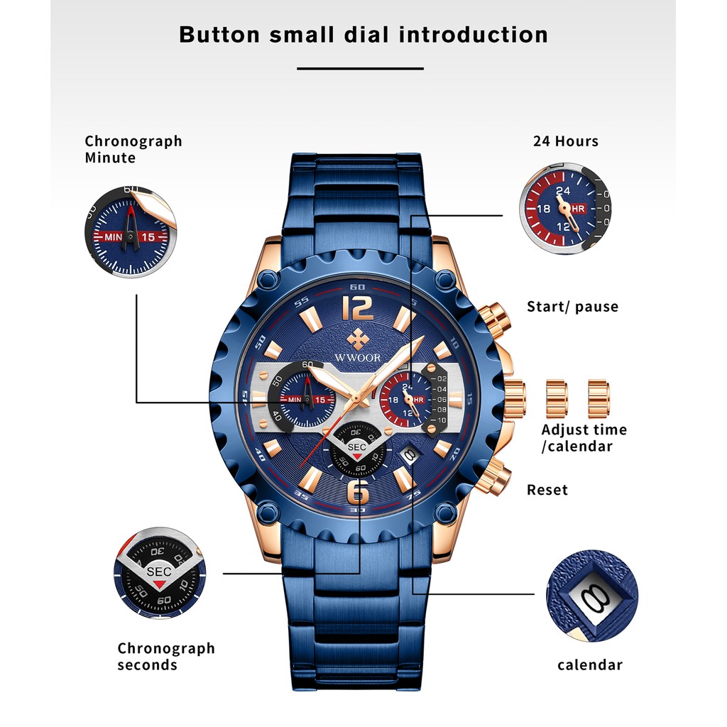 Đồng hồ WWOOR 8880 dành cho nam mặt số analog bằng thép không gỉ chống nước