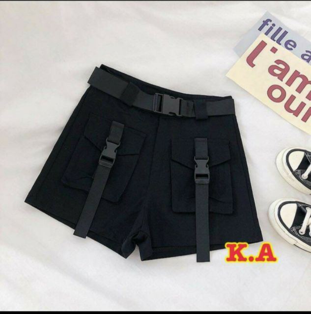 Quần short nữ kaki nữ túi hộp có dây cá tính