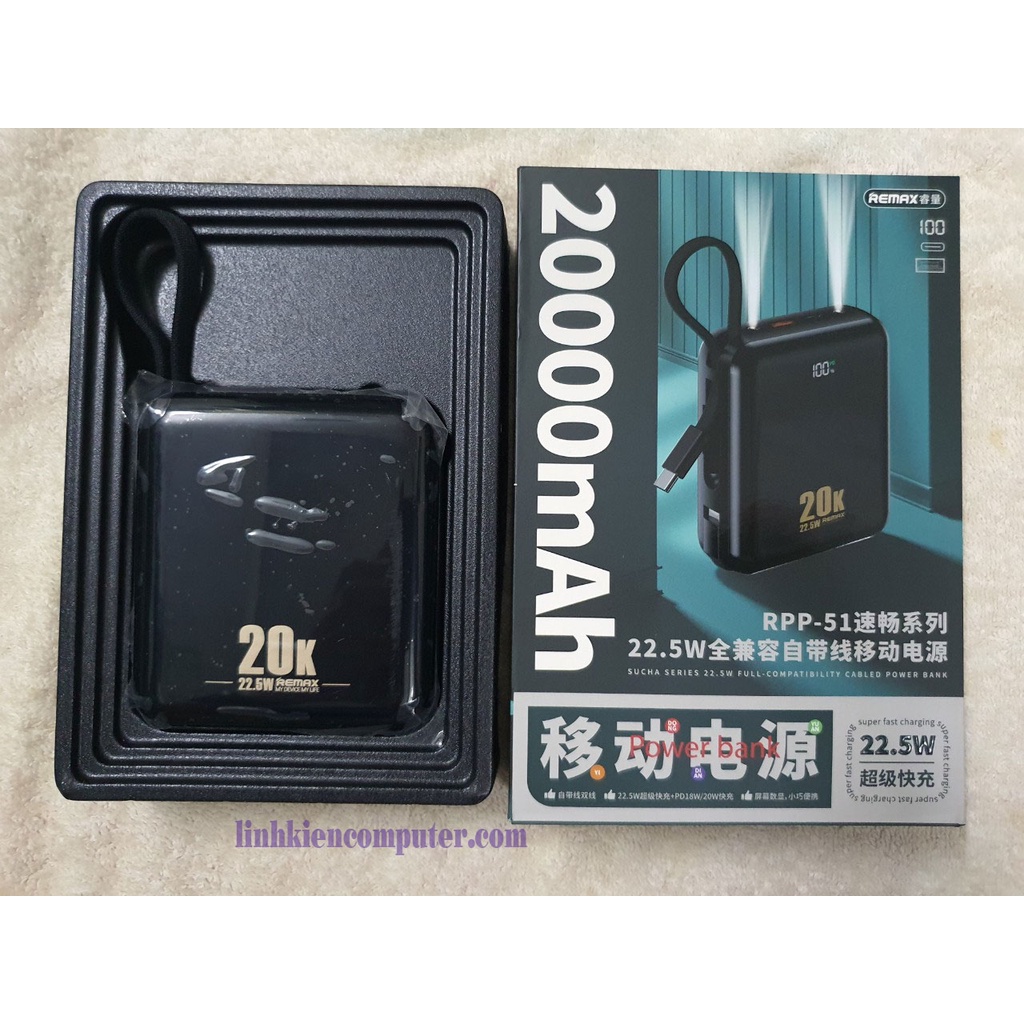 Pin sạc dự phòng Remax RPP-51 (22,5v) dung lượng 20,000mAh nhỏ gọn, tích hợp cáp sạc type C và Lightning, sạc siêu nhanh