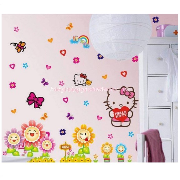 BỘ COMBO DECAL GHÉP ĐÔI TRANG TRÍ - Hello Kitty và chân hoa Cười ( 2 TẤM )