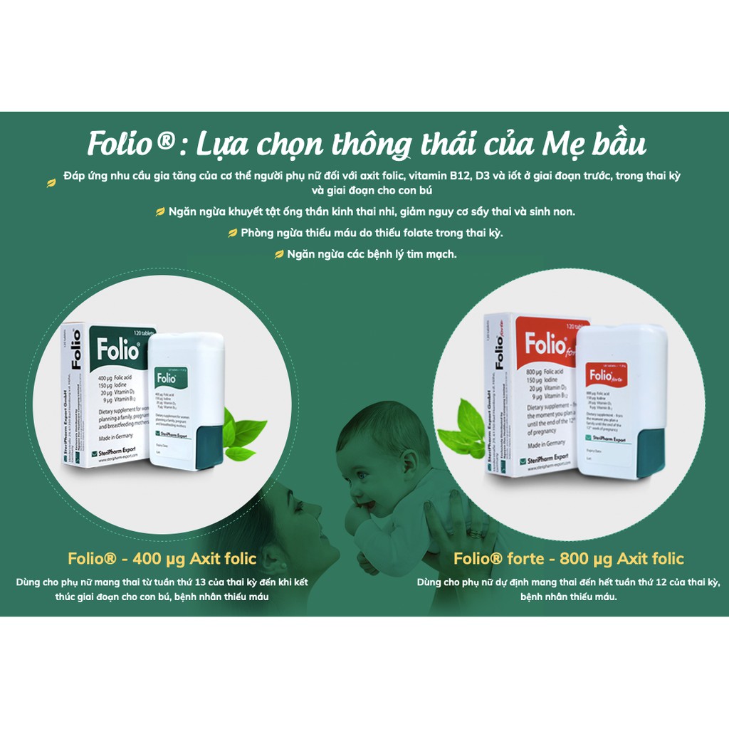 Folio forte bổ bầu bổ sung 800 mcg acid folic cho phụ nữ dự định mang thai - Hộp 120 viên