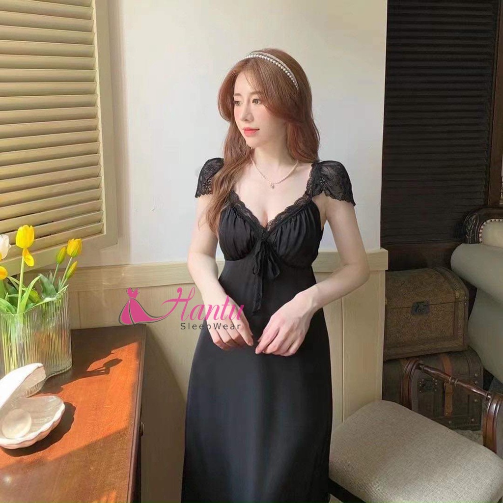 Đầm ngủ lụa tiểu thư sang chảnh ,Váy ngủ lụa tiểu thư dáng dài qua gối phối ren Hantu Sleepwear đủ màu đủ size 40-100kg