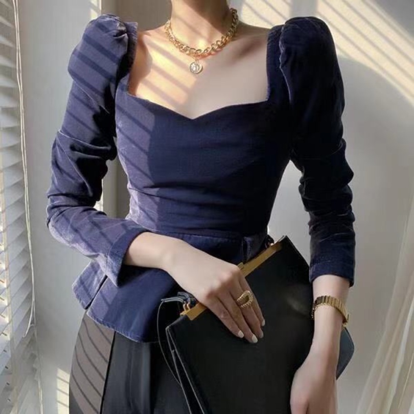 Áo Nhung Tay Dài Phồng Cổ Vuông Thời Trang Mùa Thu 2022 Dành Cho Nữ