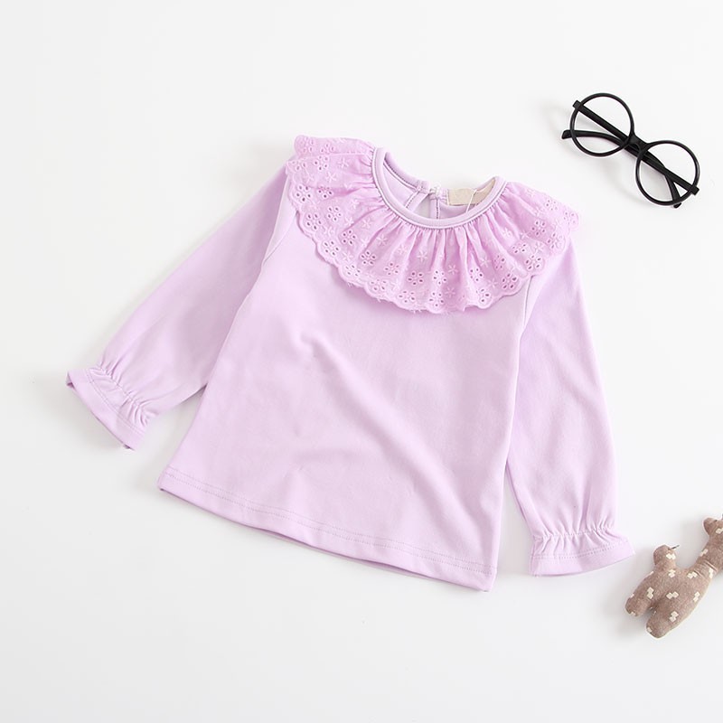 Áo cotton tay dài cổ phối ren kiểu Hàn Quốc