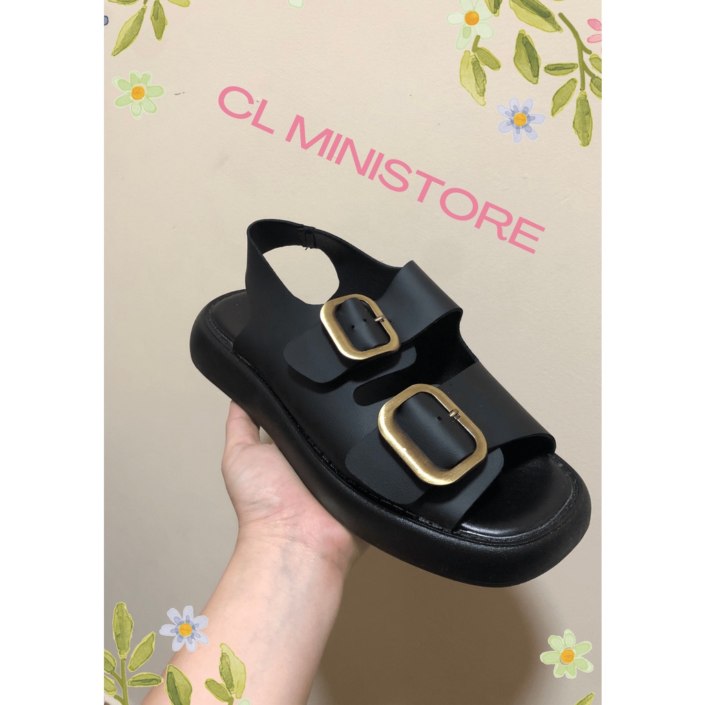 Giày sandal quai ngang màu đen vintage phong cách hàn quốc basic đơn giản hack dáng