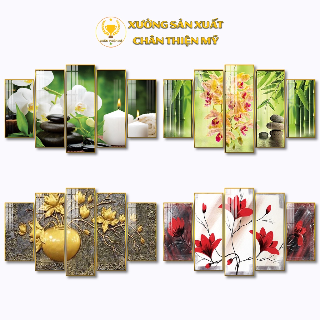 Bộ 5 Tranh Treo Tường Tráng Gương CHÂN THIỆN MỸ Trang Trí Phòng Khách Chủ Đề Nến Và Hoa, Bình Hoa