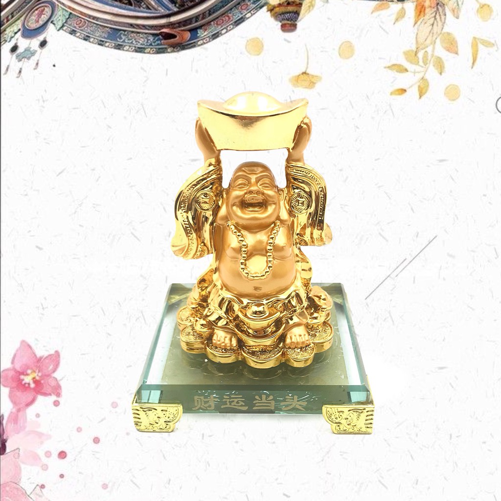 Tượng ông Di Lạc nhỏ đứng cầm ngân lượng phong thủy