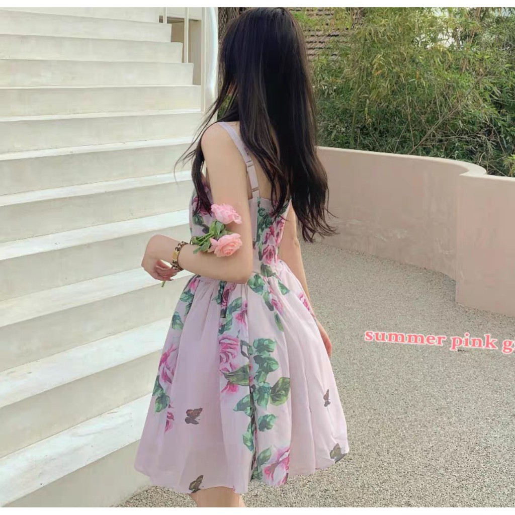Váy hoa hồng bản to xòe nữ tính