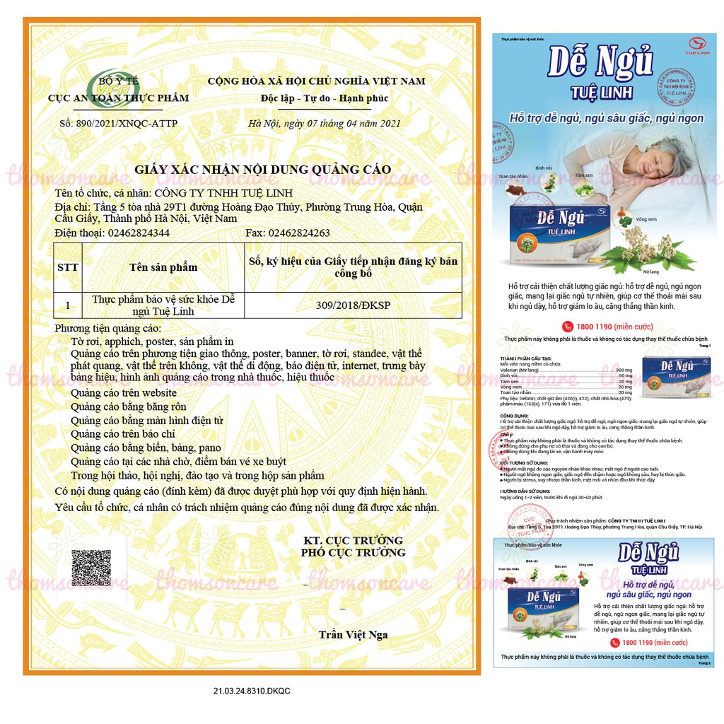 Dễ ngủ Tuệ Linh - hỗ trợ giúp ngủ ngon từ thảo dược - Hộp 10 viên Mẫu mới