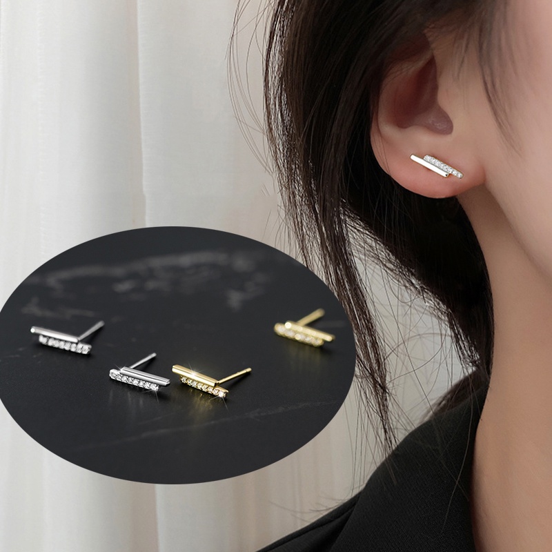 Khuyên tai xỏ đính đá zircon màu vàng/bạc thời trang cho nữ
