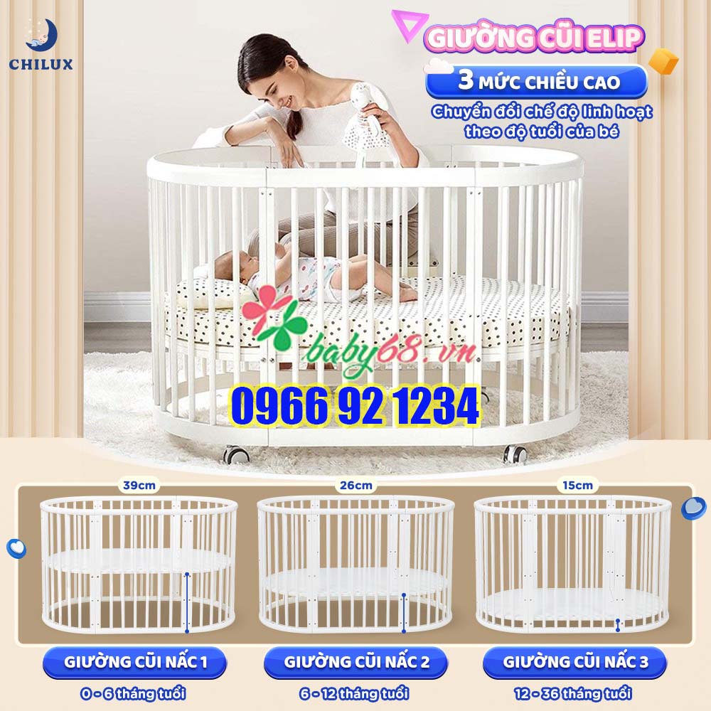 Giường cũi cao cấp Chilux Palace - Nôi tròn cho bé Chilux - Sang trọng và tính tế - 100% gỗ thông tự nhiên