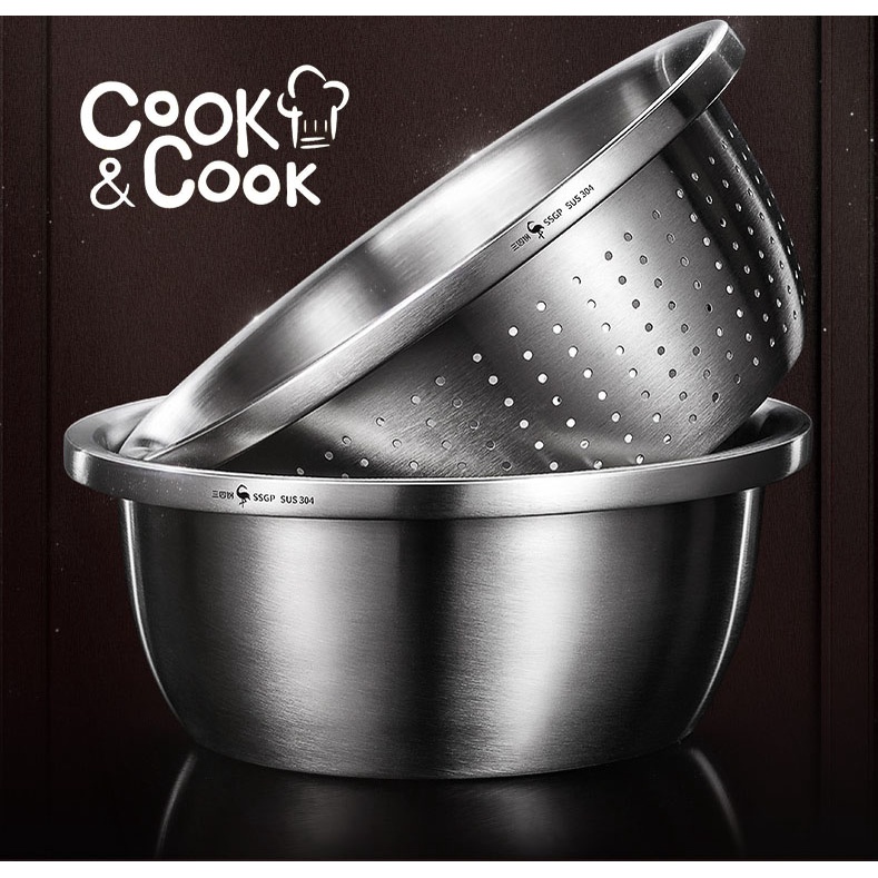Thau rổ inox 304 thép ko gỉ đựng rửa rau củ quả vo gạo trộn salad làm bánh đa năng cao cấp SSGP size 22 24 26 30 32 34cm