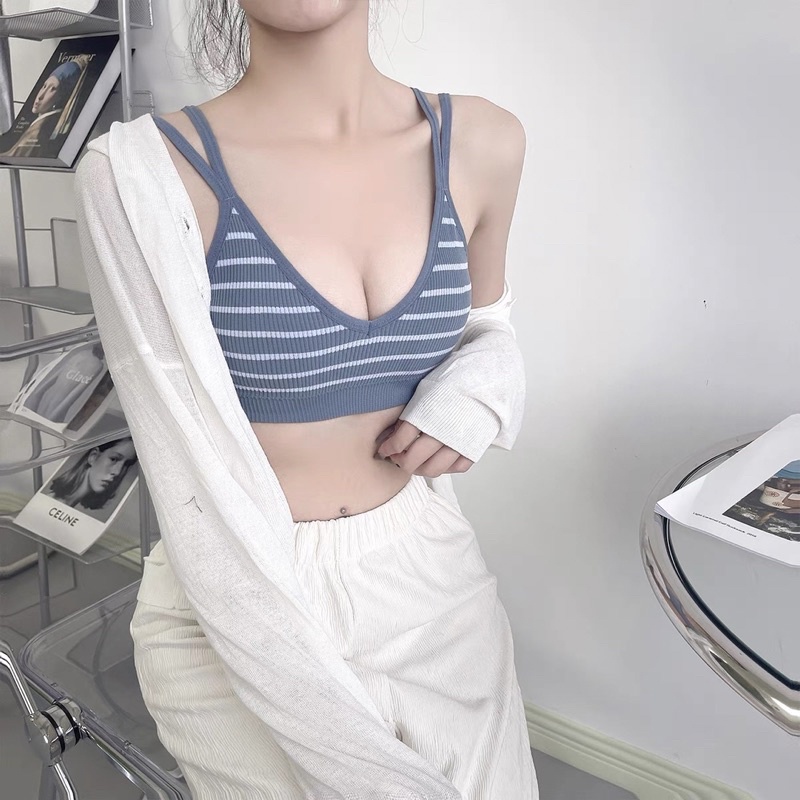Áo Bra Kẻ Nữ Dây Kép Dáng Lửng Có Đệm Ngực Trend Mới 598