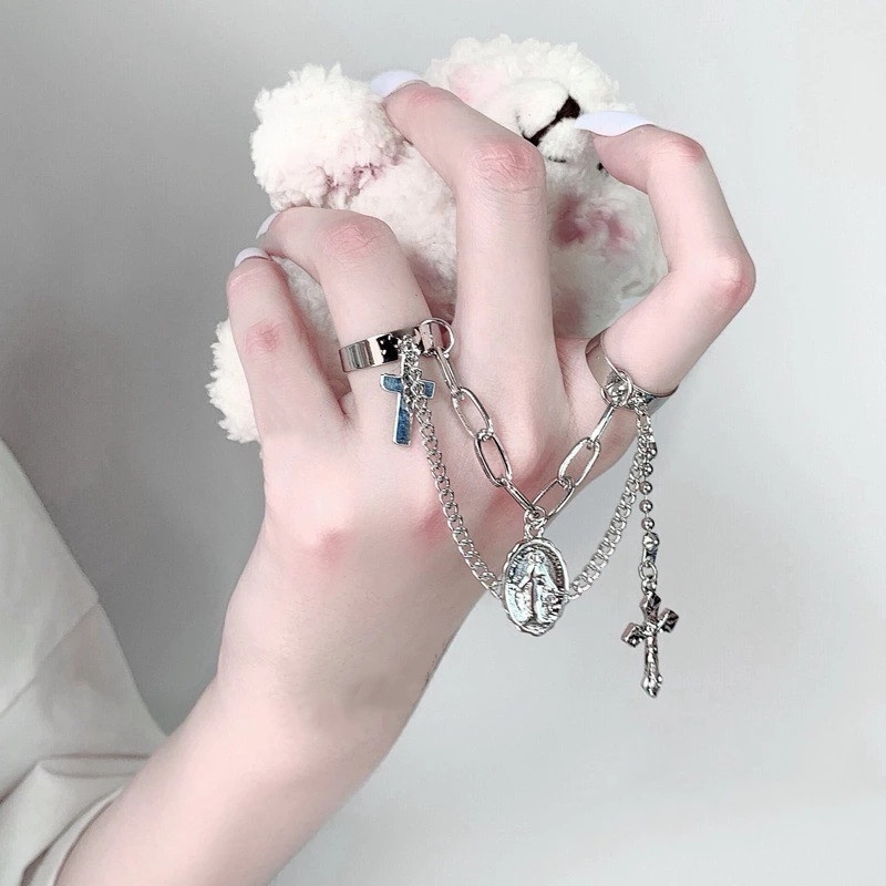 Nhẫn Hở Hai Ngón Đính Hình Bướm Và Chữ Thập Bằng Hợp Kim Màu Bạc Phong Cách Hip hop Thời Trang Cho Nam Và Nữ