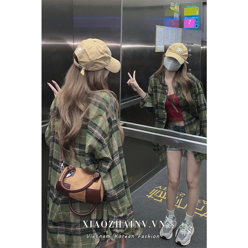 Áo sơ mi XIAOZHAINV tay dài dáng rộng sọc caro thời trang retro Hàn Quốc
