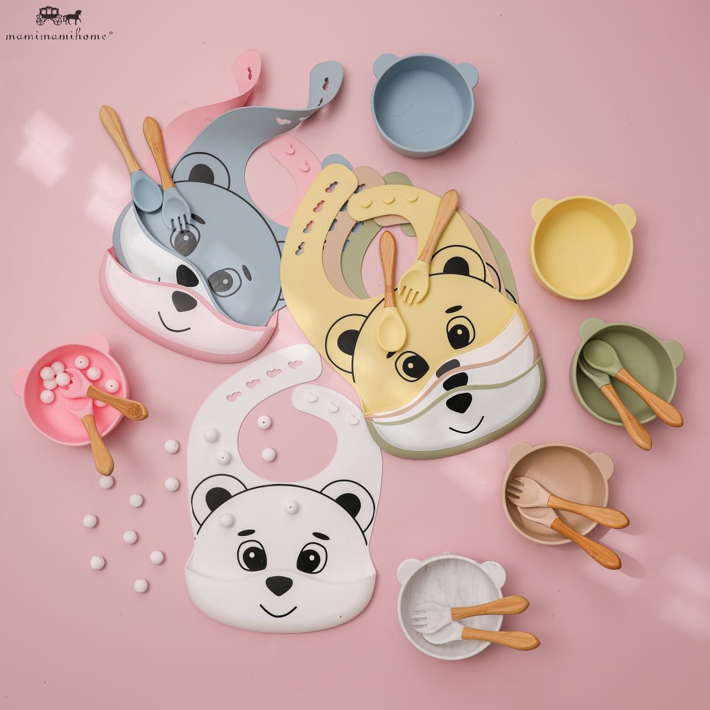 Bộ đồ ăn 4 món cho bé Mamimamihome gồm bát đĩa thìa nĩa bằng silicone hình gấu dễ thương