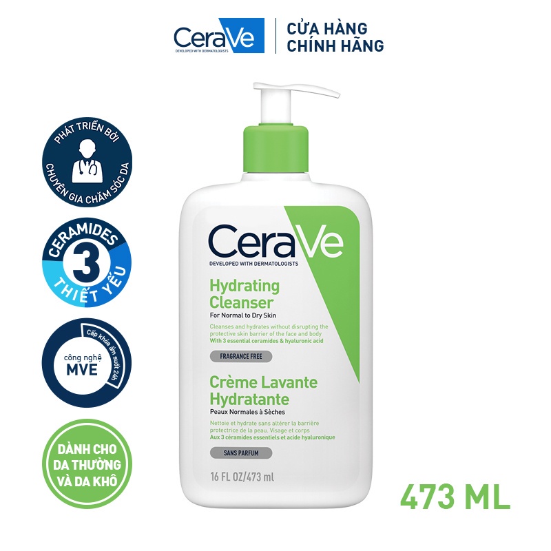 Sữa rửa mặt giúp làm sạch sâu dành cho da thường và da khô Cerave Hydrating Cleanser 473ML-263ML-88ML