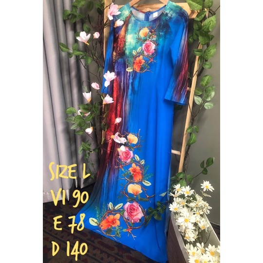 Áo dài lụa 3D màu xanh coban loang in hoa