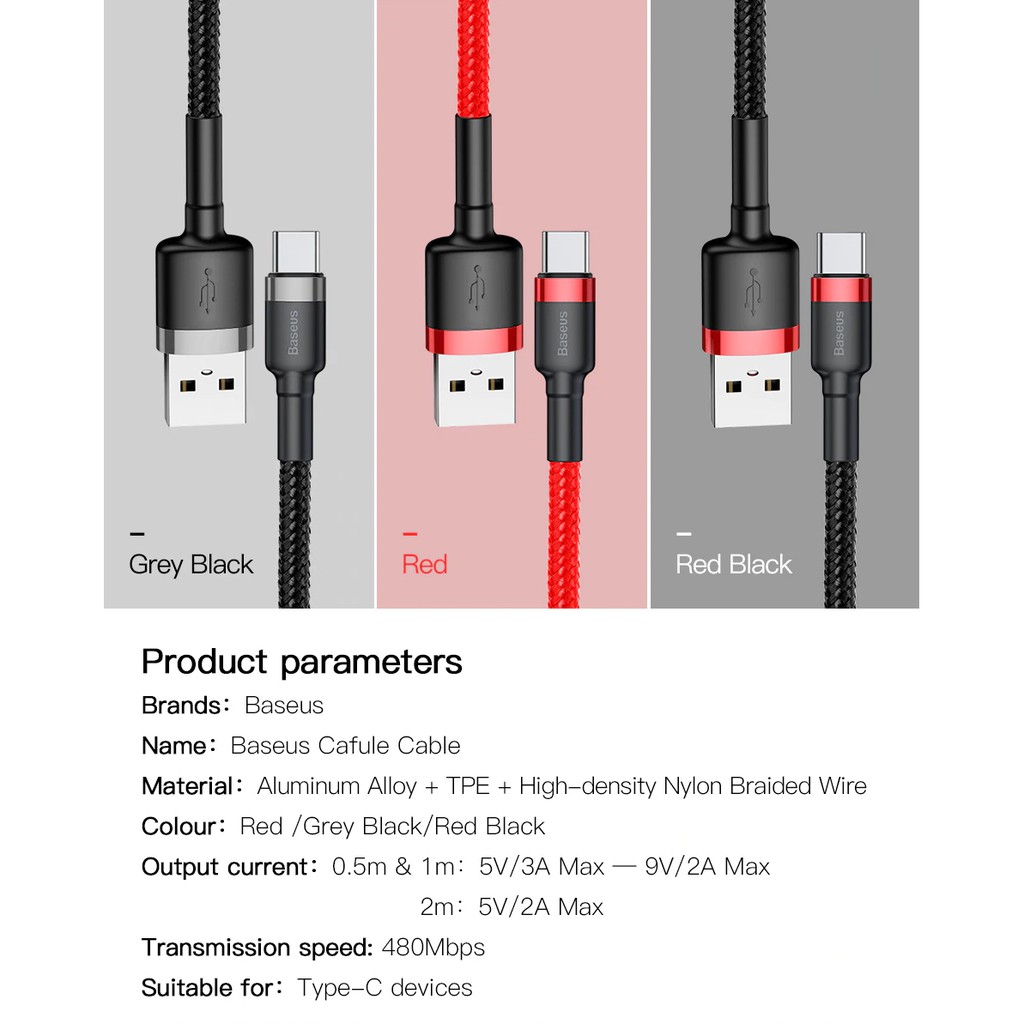Cáp sạc Baseus Cafule Type C 2m cho Samsung S8/S9/ Note8/ Note9/ Xiaomi/ Huawei/ Oppo/Nokia