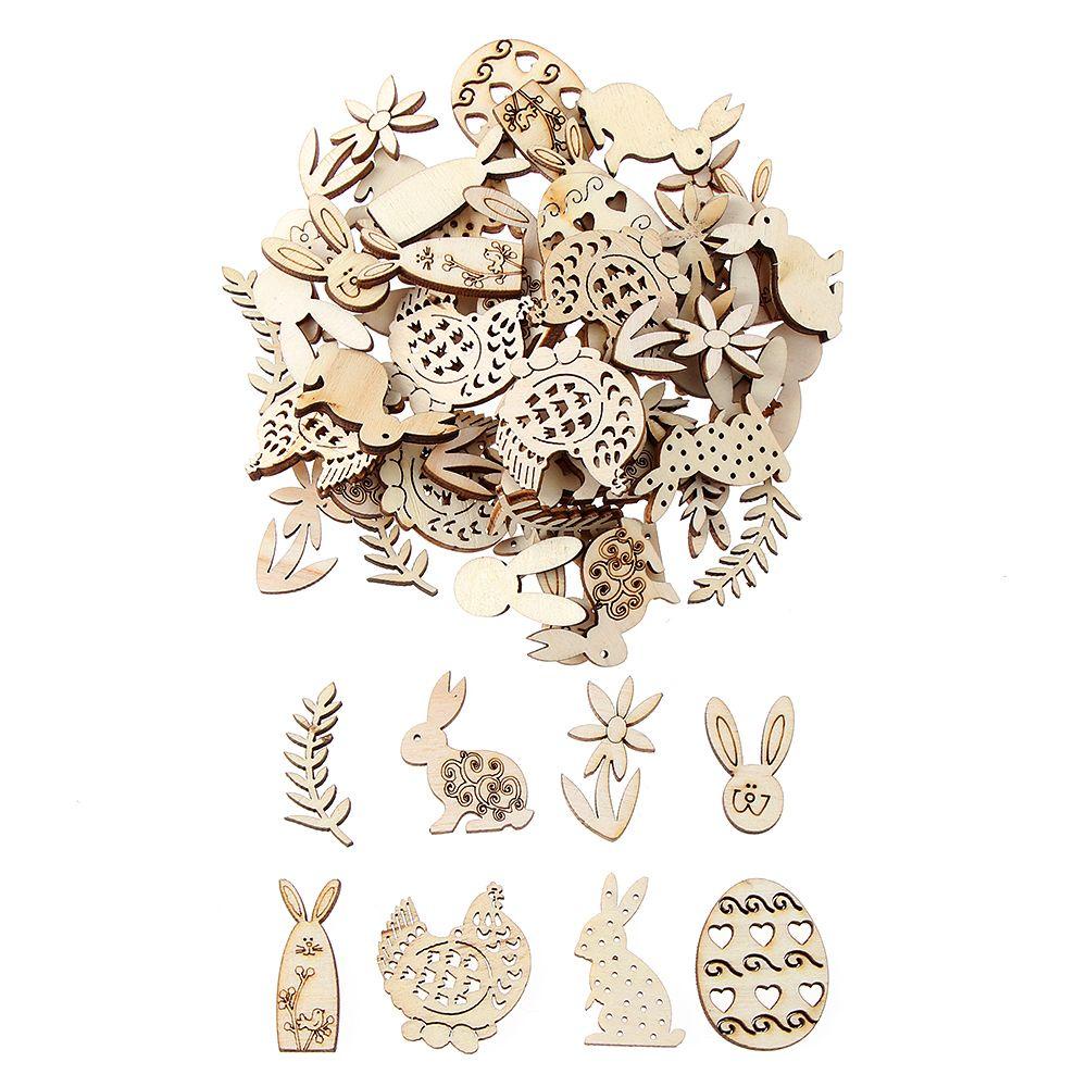 MUVAKO Set 50 Phụ Kiện Trang Trí Bằng Gỗ Hình Thỏ Phục Sinh DIY