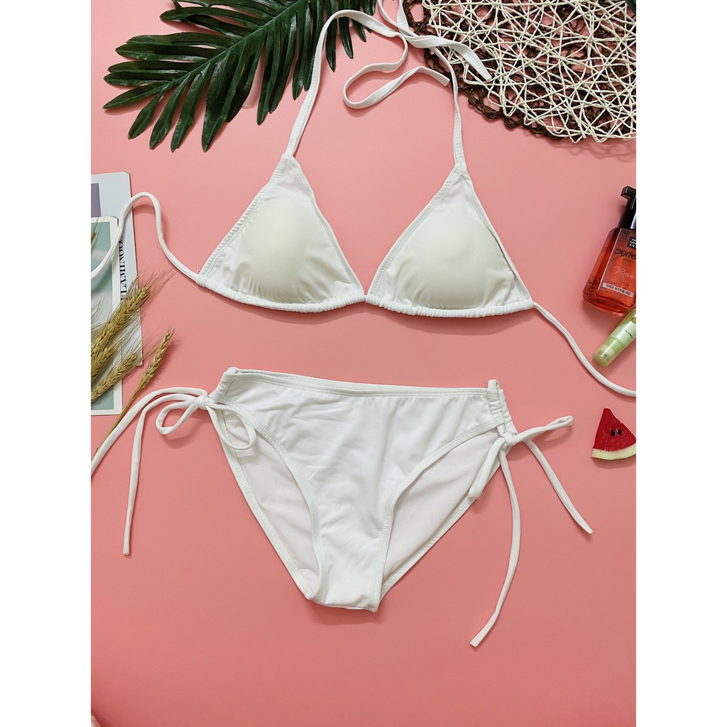 Bikini hai mảnh đẹp màu trắng đồ bơi sexy bộ bơi cạp thấp