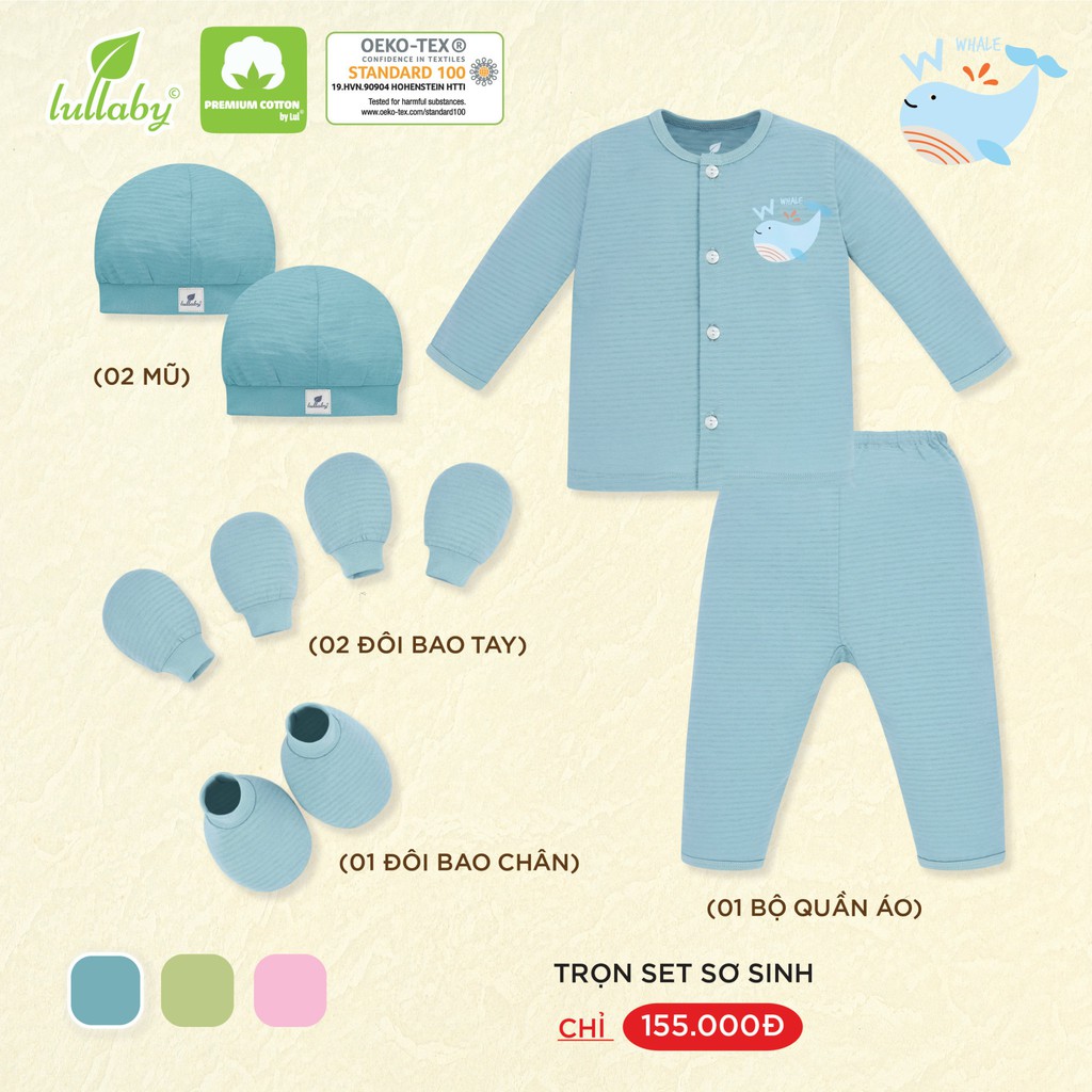 [FAFRINW05 giảm tối đa 30k đơn 150k][Sale] Set sơ sinh Lullaby vân thoáng cho bé(1 bộ + 2 mũ + 2 đôi baotay + bao chân)