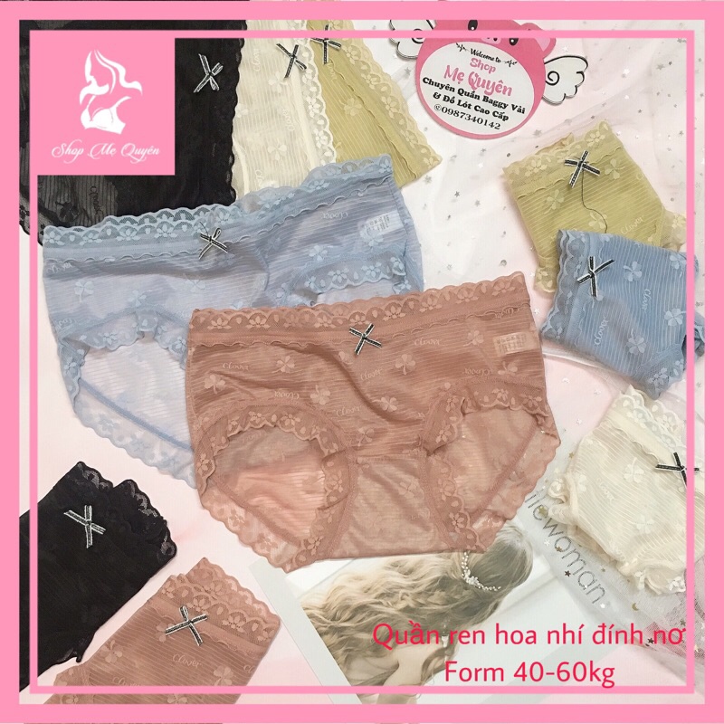Quần lót ren nữ hoạ tiết hoa nhí đính nơ dễ thương, mỏng mát xuyên thấu gợi cảm cho nàng, chất ren mịn dai không bai dão