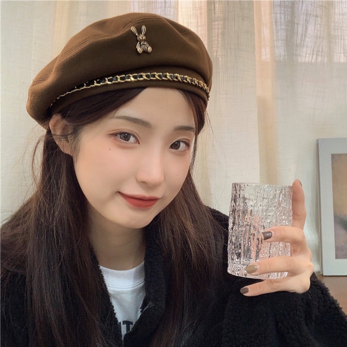 Mũ beret phối dây xích kim loại phong cách cổ điển Nhật Bản thời trang thu đông cho nữ