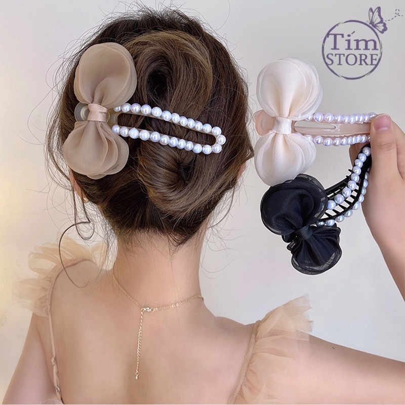Kẹp tóc nơ ngọc trai nhân tạo TÍM STORE phụ kiện búi tóc phong cách hàn quốc