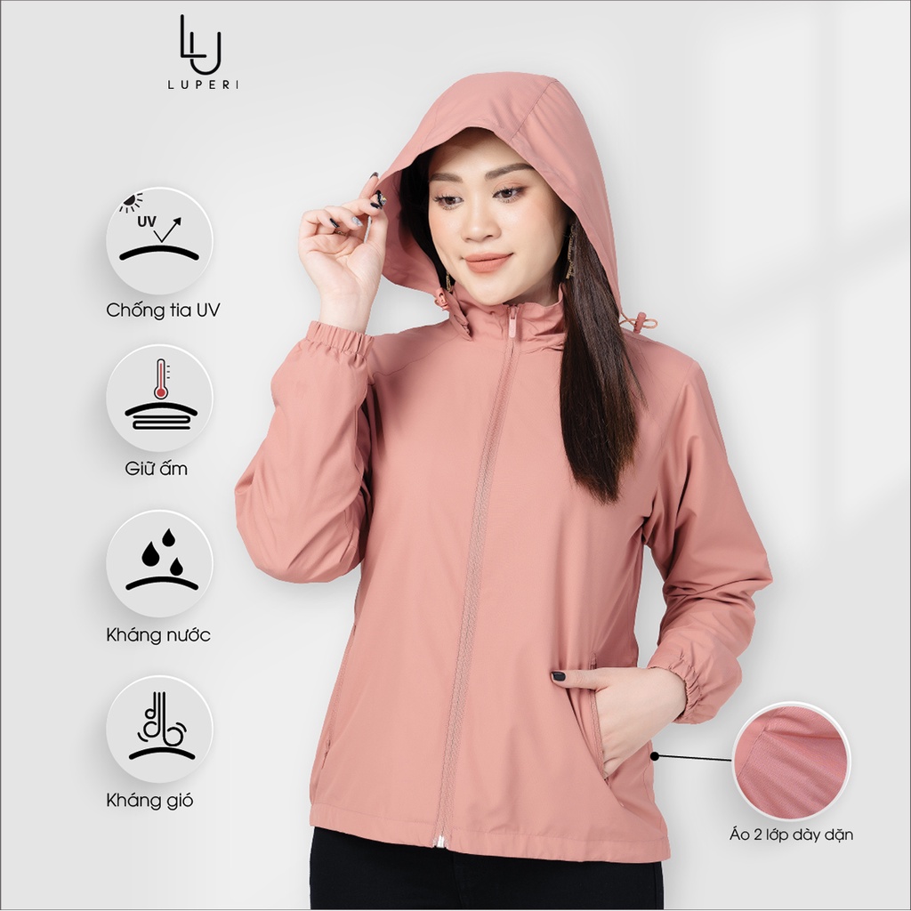 Áo gió nữ 2 lớp dày dặn lót tricot mũ rời tiện dụng Luperi chất liệu ripstop chống thấm cản gió chống tia UV LUAG01