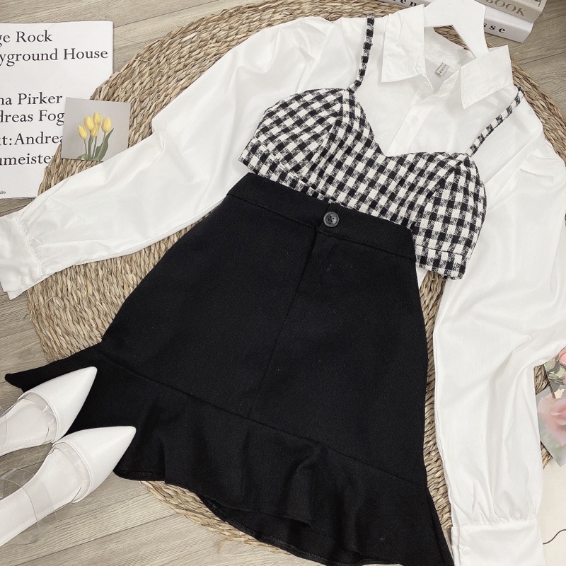 [NEW]SET 3CT áo sơmi mix chân váy đuôi cá+áo 2s kẻ gingham thời thượng