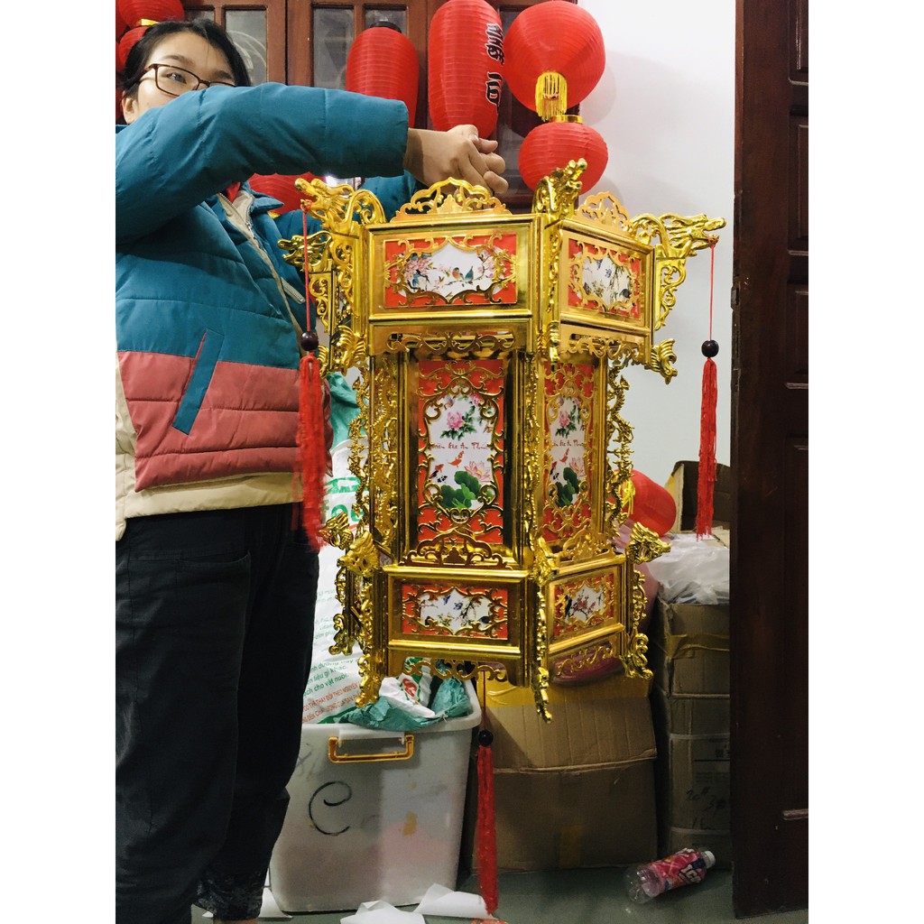 Đèn lồng lục giác 3 tầng lớn 65cm trang trí tết màu gỗ, mạ vàng cao cấp