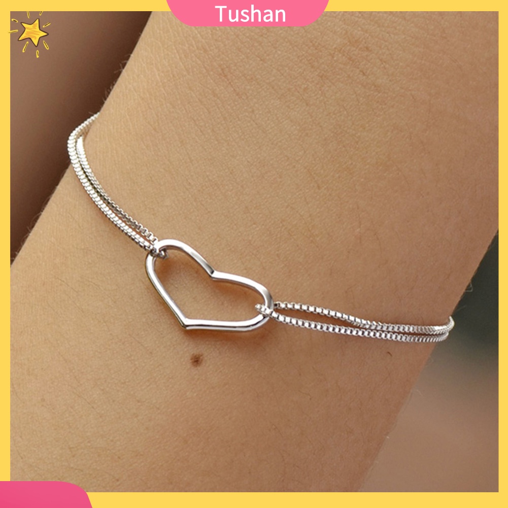 TUSH_Fashion Women Double Layer Chain Hollow Heart Charm Bracelet Bangle Jewelry
