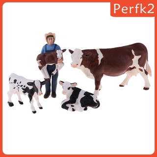 Realistic Farmer Animal Model Action Figure Toy Collectible, Farmer & 4 Cows