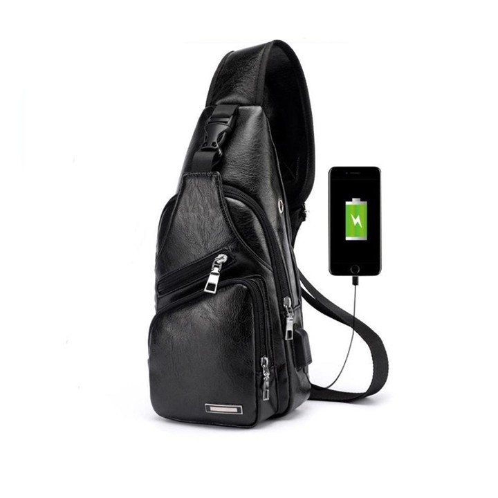 Túi đeo chéo nam Da PU có tích hợp cổng sạc USB tiện lợi